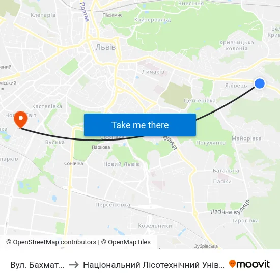 Вул. Бахматюка to Національний Лісотехнічний Університет map