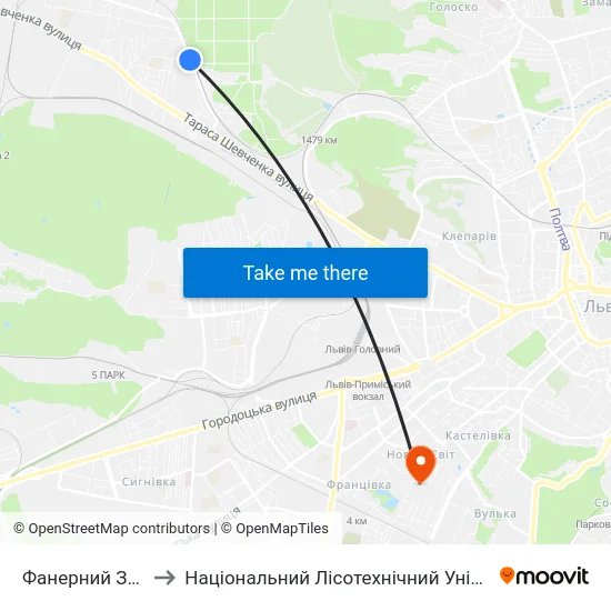 Фанерний Завод to Національний Лісотехнічний Університет map