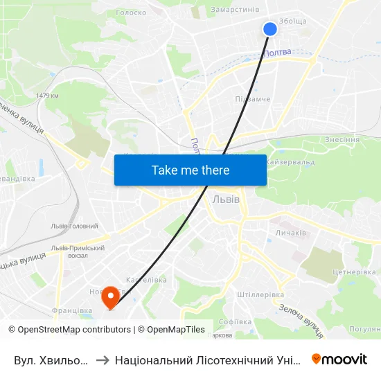 Вул. Хвильового to Національний Лісотехнічний Університет map