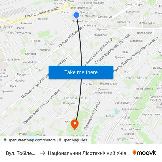 Вул. Тобілевича to Національний Лісотехнічний Університет map