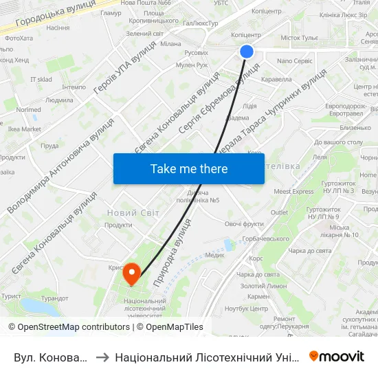 Вул. Коновальця to Національний Лісотехнічний Університет map