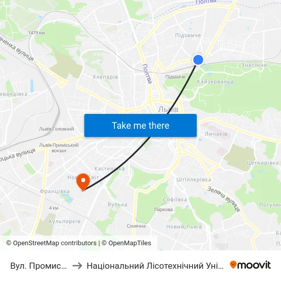 Вул. Промислова to Національний Лісотехнічний Університет map