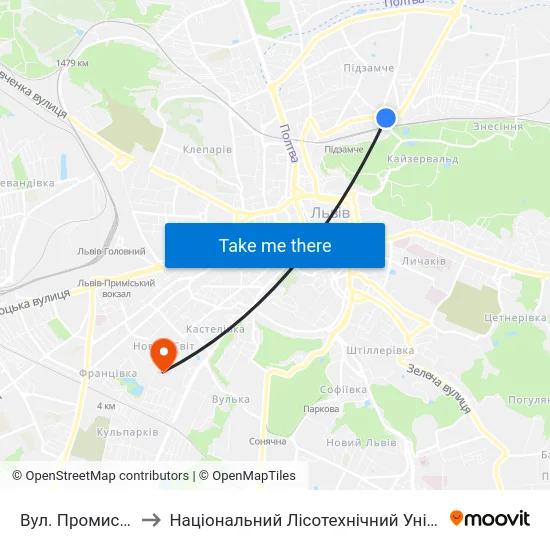 Вул. Промислова to Національний Лісотехнічний Університет map