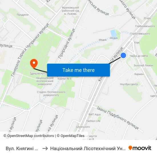 Вул. Княгині Ольги to Національний Лісотехнічний Університет map