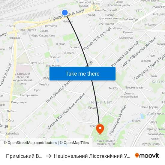 Приміський Вокзал to Національний Лісотехнічний Університет map