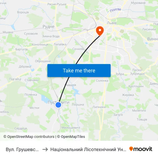 Вул. Грушевського to Національний Лісотехнічний Університет map