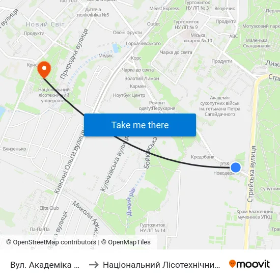 Вул. Академіка Сахарова to Національний Лісотехнічний Університет map