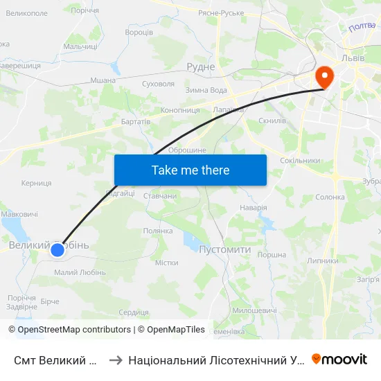 Смт Великий Любінь to Національний Лісотехнічний Університет map