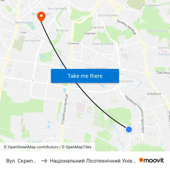 Вул. Скрипника to Національний Лісотехнічний Університет map