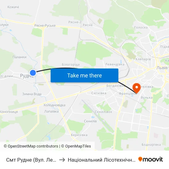 Смт Рудне (Вул. Лесі Українки) to Національний Лісотехнічний Університет map
