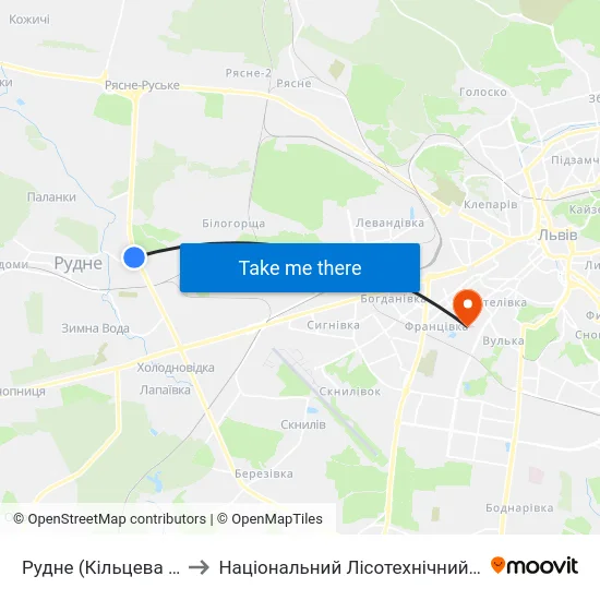 Рудне (Кiльцева Дорога) to Національний Лісотехнічний Університет map