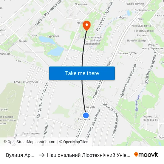 Вулиця Аркаса to Національний Лісотехнічний Університет map