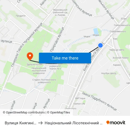Вулиця Княгині Ольги to Національний Лісотехнічний Університет map