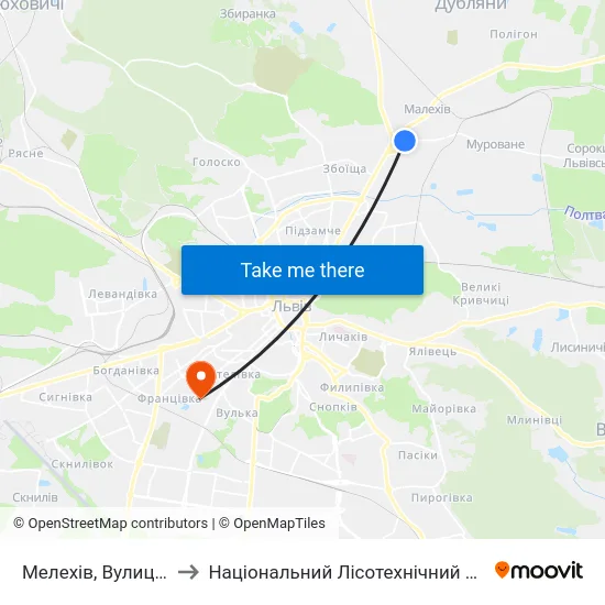 Мелехів, Вулиця Нова to Національний Лісотехнічний Університет map