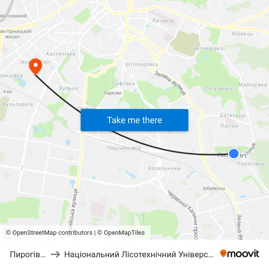 Пирогівка to Національний Лісотехнічний Університет map