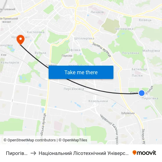 Пирогівка to Національний Лісотехнічний Університет map