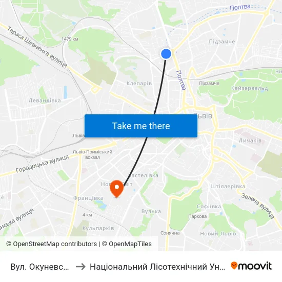 Вул. Окуневського to Національний Лісотехнічний Університет map