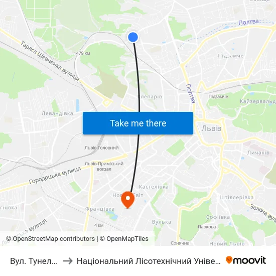 Вул. Тунельна to Національний Лісотехнічний Університет map