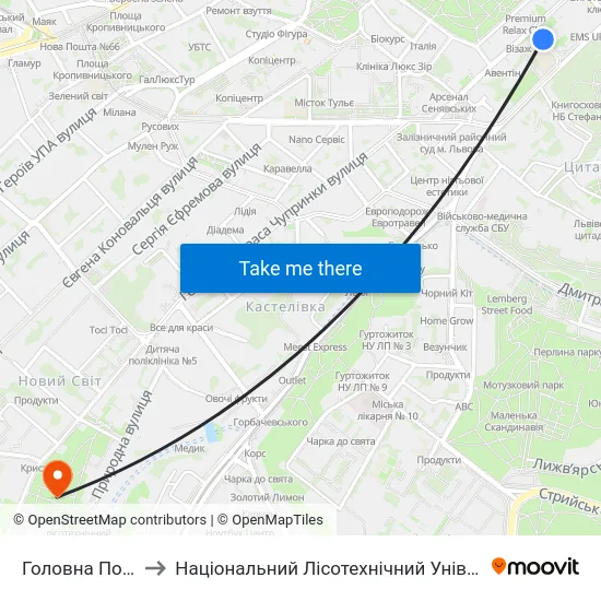 Головна Пошта to Національний Лісотехнічний Університет map