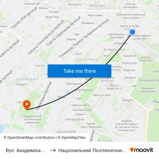 Вул. Академіка Сахарова to Національний Лісотехнічний Університет map