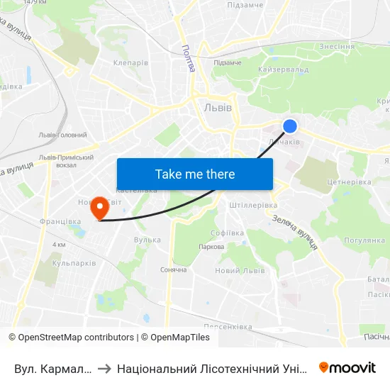 Вул. Кармалюка to Національний Лісотехнічний Університет map