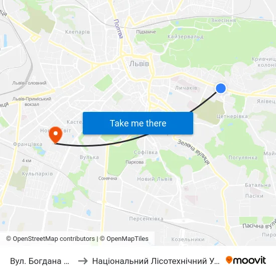 Вул. Богдана Котика to Національний Лісотехнічний Університет map