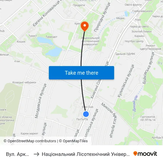 Вул. Аркаса to Національний Лісотехнічний Університет map