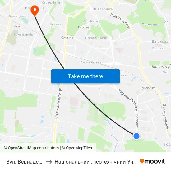 Вул. Вернадського to Національний Лісотехнічний Університет map