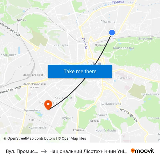 Вул. Промислова to Національний Лісотехнічний Університет map
