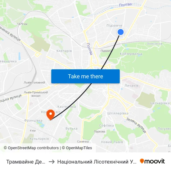 Трамвайне Депо №2 to Національний Лісотехнічний Університет map