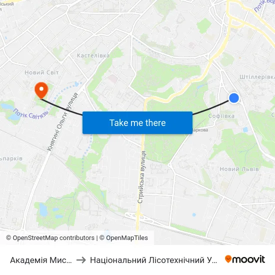 Академія Мистецтв to Національний Лісотехнічний Університет map
