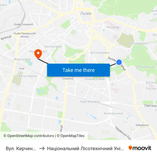 Вул. Керченська to Національний Лісотехнічний Університет map