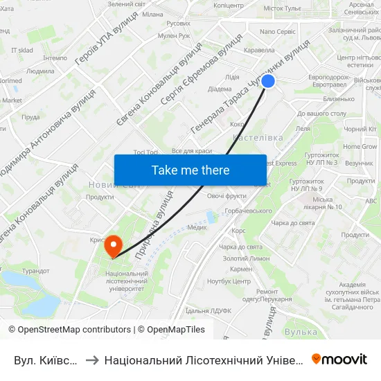 Вул. Київська to Національний Лісотехнічний Університет map