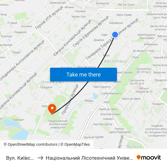 Вул. Київська to Національний Лісотехнічний Університет map