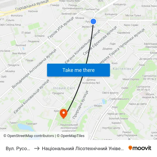 Вул. Русових to Національний Лісотехнічний Університет map