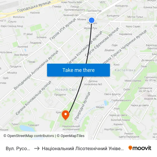 Вул. Русових to Національний Лісотехнічний Університет map