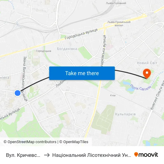 Вул. Кричевського to Національний Лісотехнічний Університет map