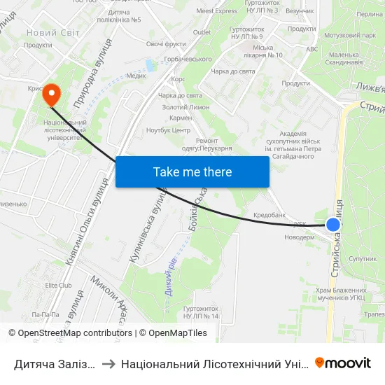 Дитяча Залізниця to Національний Лісотехнічний Університет map