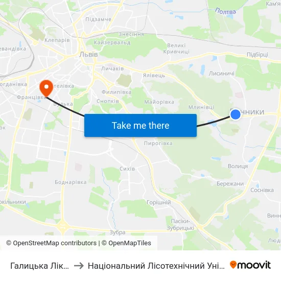 Галицька Лікарня to Національний Лісотехнічний Університет map