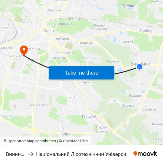 Винники to Національний Лісотехнічний Університет map