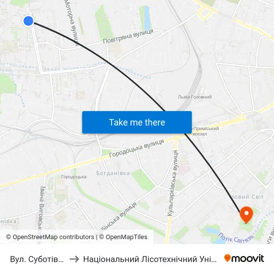 Вул. Суботівська to Національний Лісотехнічний Університет map