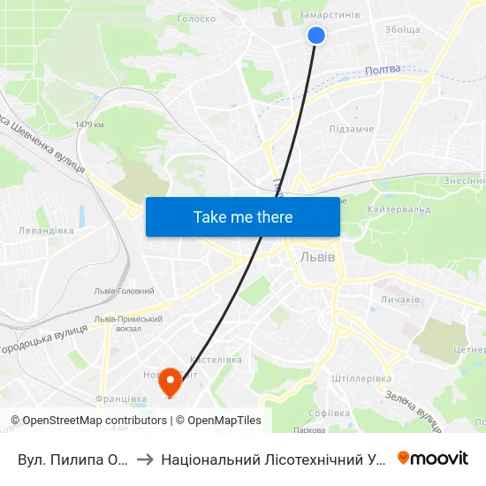Вул. Пилипа Орлика to Національний Лісотехнічний Університет map
