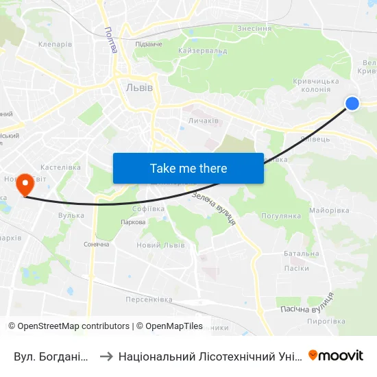 Вул. Богданівська to Національний Лісотехнічний Університет map