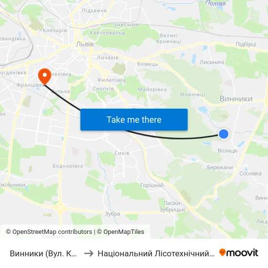 Винники (Вул. Козацька) to Національний Лісотехнічний Університет map