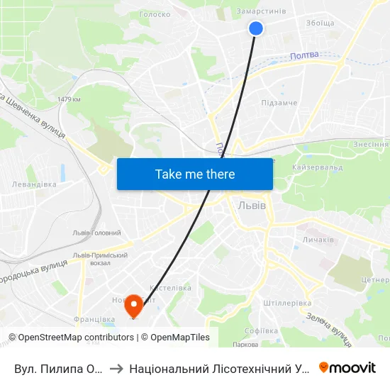 Вул. Пилипа Орлика to Національний Лісотехнічний Університет map
