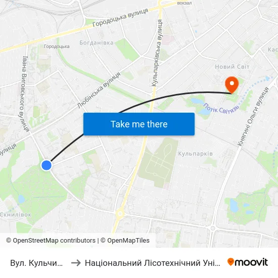 Вул. Кульчицької to Національний Лісотехнічний Університет map