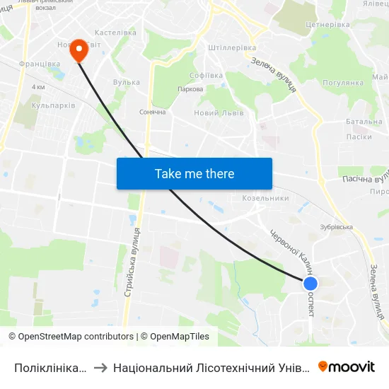 Поліклініка №4 to Національний Лісотехнічний Університет map
