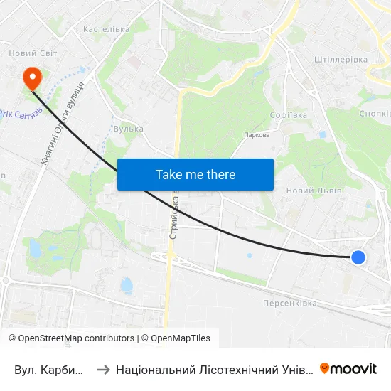 Вул. Карбишева to Національний Лісотехнічний Університет map