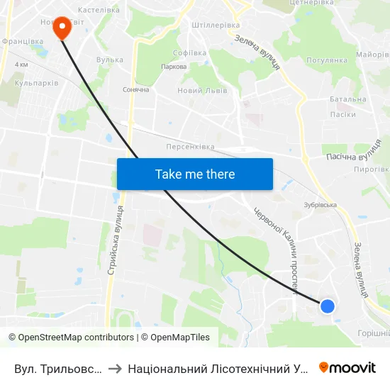 Вул. Трильовського to Національний Лісотехнічний Університет map