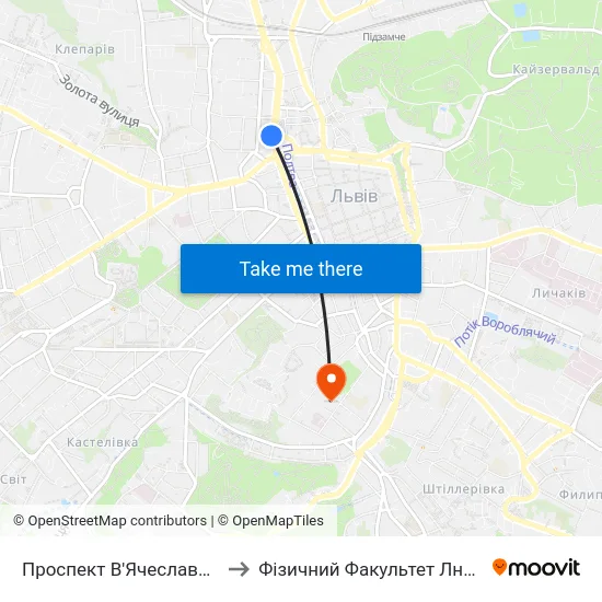 Проспект В'Ячеслава Чорновола to Фізичний Факультет Лну Ім. І. Франко map